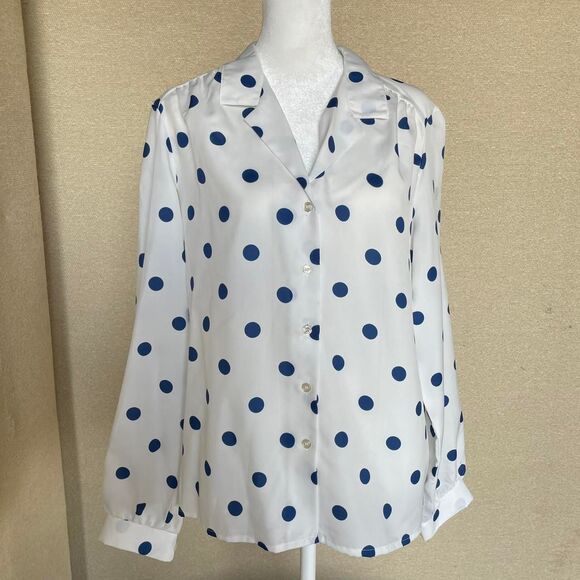 Retro White & Blue Women's Medium Polka Dot Blouse Semi Sheer Twee Vintage 80's - Picture 1 of 7